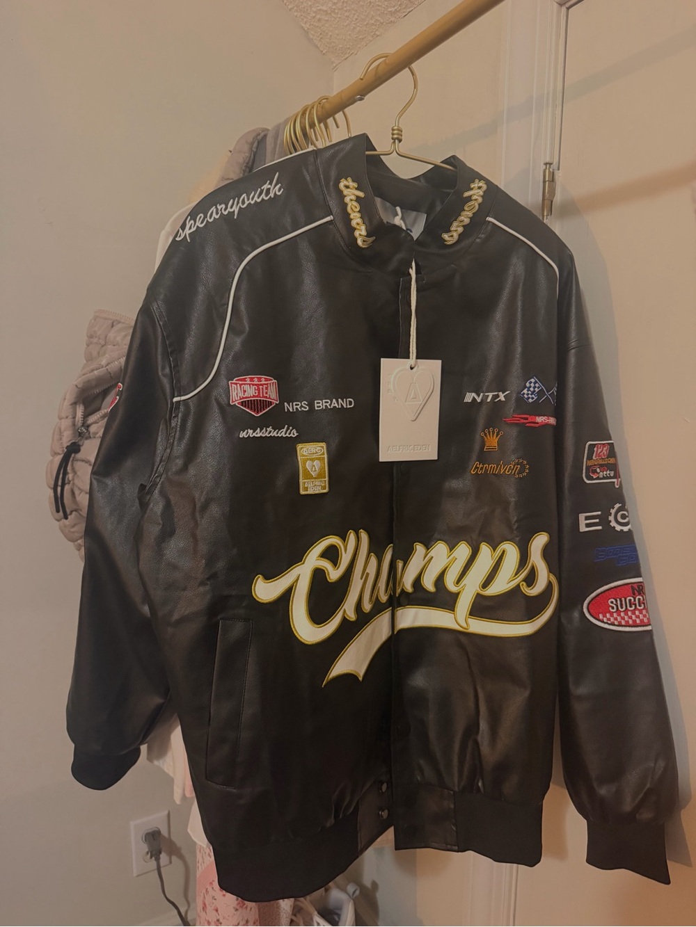 Aelfric Eden Black Bomber Jacket with Gold & White 'Chumps' Embroidery